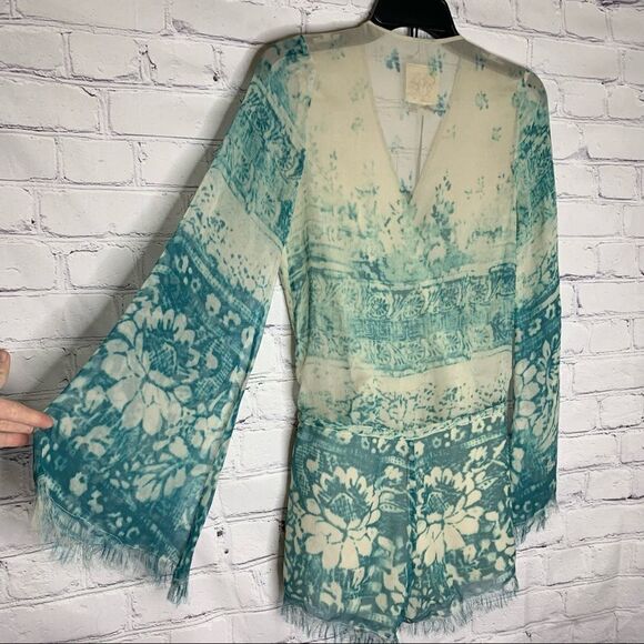 Chaser Boho Blue Silk Chiffon Floral Tapestry Bell Sleeve Fringe Romper - Picture 9 of 16